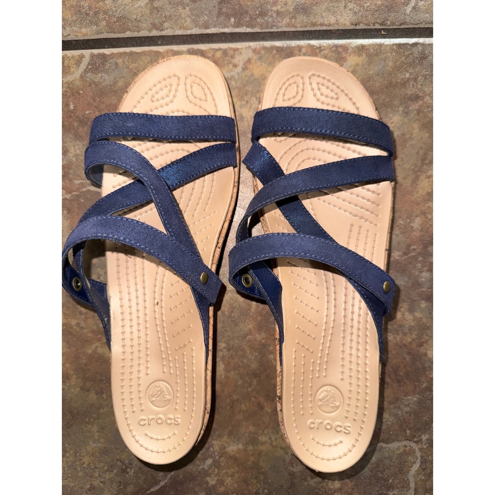 Crocs Leigh II Navy Blue Strappy Cork Wrap Wedge Sandals Womens 11